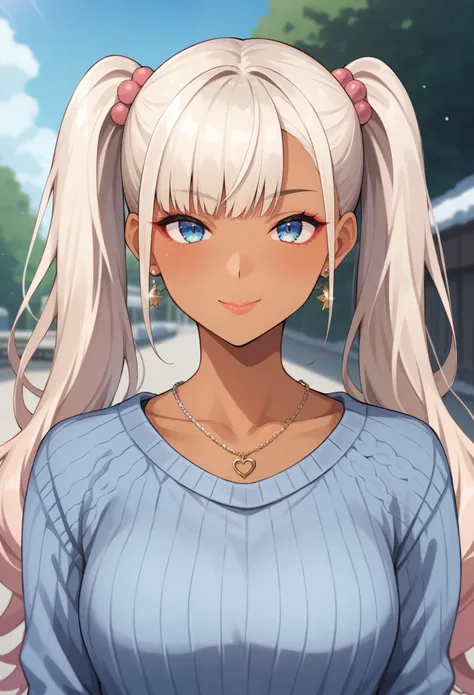 Score_9, score_8_up, score_7_up, score_6_up, source_anime, rating:general, 1girl, Gyaruu, tan, Gyaru, tanned skin, upper body, white hair, long twintails, straight bangs, light blue eyes, dazzling, older girl, early twenties, sweater, winter village,