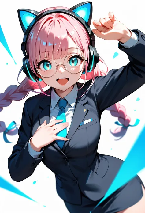  (best quality:1.2), (ultra-detailed:1.2), (2.5D:1.2), (Anime Moe Art Style), 1girl , pink hair,  Cyan eyes, gradient eyes, twin braids, blue Glowing cat ear headphones, black round glasses, secretary suit, smile beam, open mouth, hand on own chest, dynami...