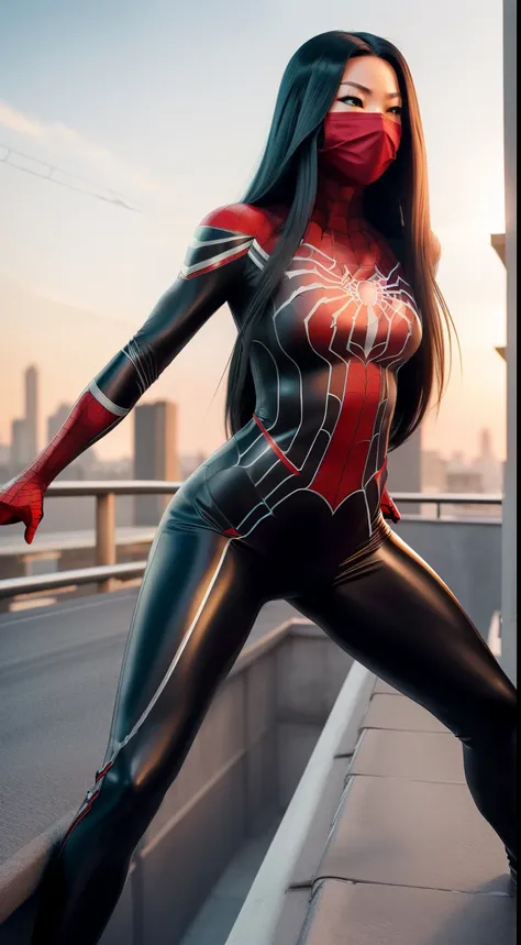 Cindy Moon, Silk, posing on a roof, wears a (black form-fitting spider-man bodysuit) with a sleek, textured (web-like white patterns), the suit covers her entire body, including her arms, legs, and torso, suit includes a (red spider emblem) on the chest, w...