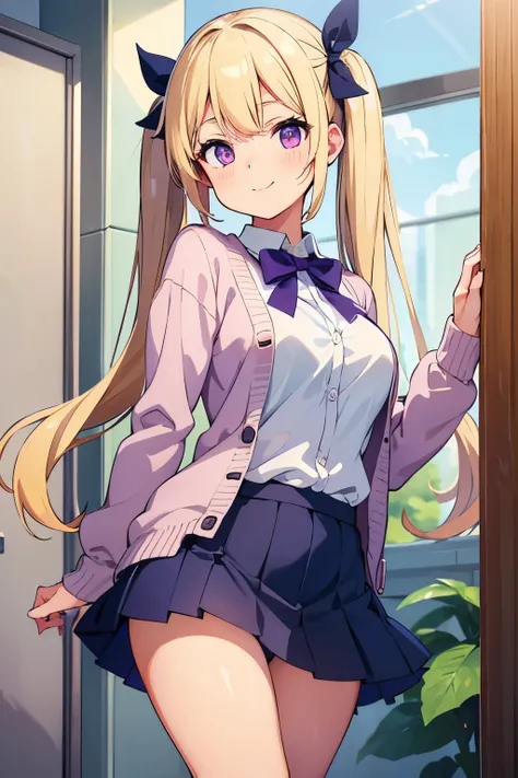 Junior high school １４age 　A cup breasts　Blonde 　Long twin tails　Twin tails with ribbon　 Purple Eyes 　smile（（One person）） A light brown cardigan over a white long-sleeved blouse　Navy blue mini skirt　White panties （（I can see her panties））White socks 　Otaku&...