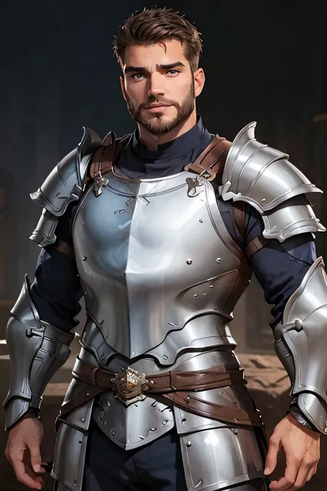 Masterpiece, Best Quality, Ultra-Detailed, 1man, light brown hair, light brown beard, blue eyes, brilliant eyes, very beautiful and detailed eyes, happy expression large shoulders, paladin, dnd paladin class, heavy plate, full plate, full armor, silver arm...