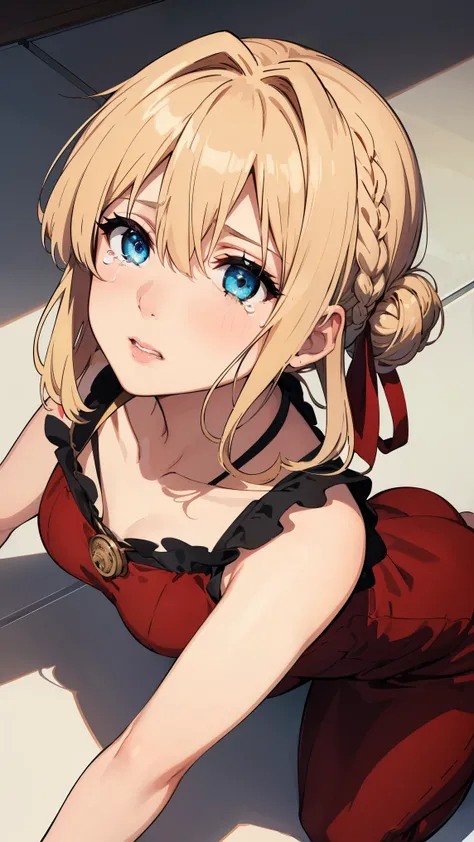 violet evergarden, braid, hair ribbon, red ribbon, jewelry,
BREAK (red dress:1.2), 
BREAK One girl , Biting your lip、，、all four，On all fours、Show your forehead、tears:1.2、glare、From above:1.4、spoken heart、Bad mood、Looking up,sulk,
BREAK (masterpiece:1.2), b...