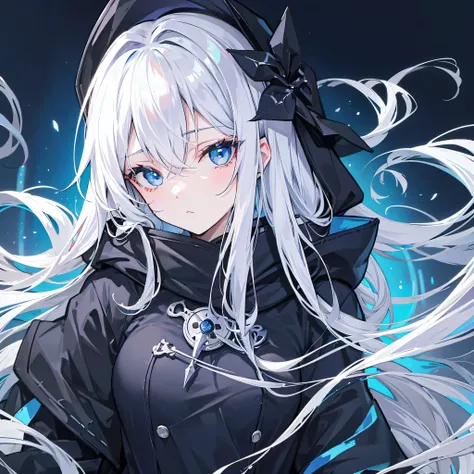 Silver hair, long hair, blue eyes, cute face, black hood, black pants,G_CUP