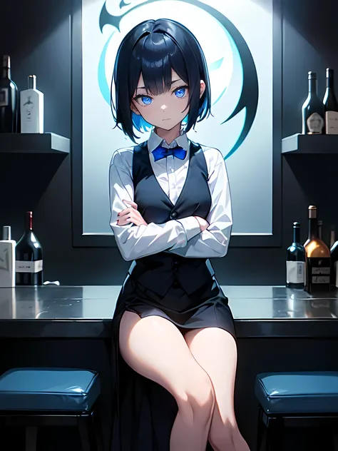 Dark blue short hair、Blue glowing eyes、Medium chest、bartender、(A long-sleeved white shirt with a black vest、Blue light obsidian bar:1.1)、Girl、Thin limbs、（mini、Young、Girl、low length:1.1）、solo、Anime Style:1.1、Arms crossed:1.3