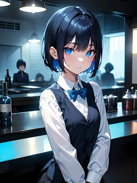 Dark blue short hair、Blue glowing eyes、Medium chest、bartender、(A long-sleeved white shirt with a black vest、Blue light obsidian bar:1.1)、Girl、Thin limbs、（mini、Young、Girl、low length:1.1）、solo、Anime Style:1.1、Arms crossed:1.3