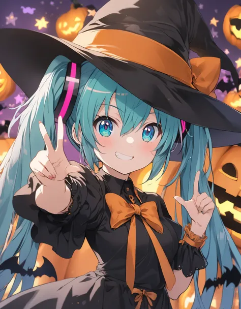 1 girl, (anime style), (hatsune miku), (Small body), (Pink Cheeks), (black Witchs hat), Smile, (twin tails Hair:1.4), halloween costume, ((peace fingers)), Bats fly, (Halloween Pumpkin Objects Background), upper body