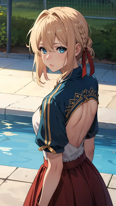 violet evergarden, braid, hair ribbon, red ribbon, jewelry,
BREAK (sports yoga Feminine dress themed adorned with an intricate cute design and Feminine medium skirt:1.2), 
BREAK Real Summer,Daytime,sunny、Upper Body:1.2,、Slender body,Destroy outdoors, Schoo...