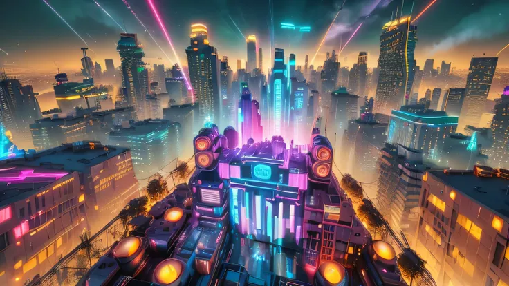 a group of people standing on top of a roof next to a city, style hybrid mix of beeple, beeple |, beeple style, beeple artwork, beeple masterpiece, beeple and mike winkelmann, in style of beeple, beeple!!, beeple rendering, cyberpunk nightclub