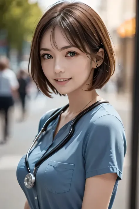 (HD Photos, masterpiece, Best Quality, Art Stationでトレンド入り), (Upper Body:1.2), (One mature woman), Beautiful Face, soft, delicate, (Long Red Hair), fine grain, ((Big Breasts)), , Detailed skin, (Wearing a blue shirt), Stethoscope, pocket, (At the hospital),...