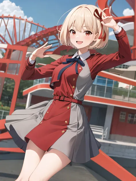 masterpiece, best quality, highres, aachisato, short hair, hair ribbon, breasts, neck ribbon, collared shirt, lycoris uniform, two-tone dress, red dress, grey dress, long sleeves, red belt, waving, smile, amusement park, standing