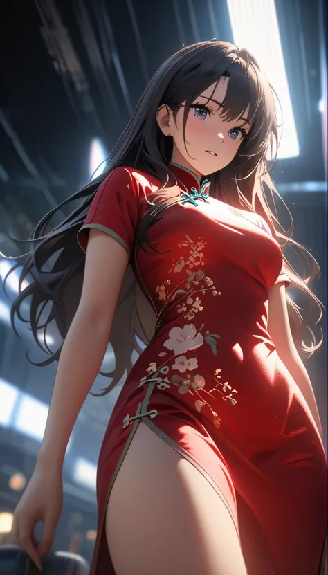 Cheongsam girl，long hair，pure white background，depth of field，low angle view，calf level view，Overclocked renderer，movie lighting，Ultra-fine，super detailed，complicated，cinematic perspective，CG art，