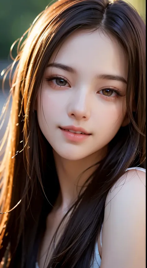 close-up, masterpiece, best quality, raw photo, photorealism, smile, beautiful girl, cute, long hair, depth of field, high resolution, ultra detail, detail, highly detailed eyes and face, sharp pupils, realistic pupils, sharp focus, cinematic lighting