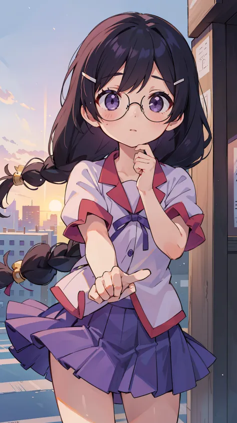 Hanekawa Tsubasa, hanekawa tsubasa, Long Hair, Black Hair, hair ornaments, (Purple eyes:1.1), Braiding, Barrette, Twin Braidings, child, Naoetsu High School , , The crotch is partially visible,Glasses,break skirt, , Naoetsu High School ,break outdoors, cit...