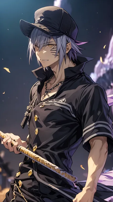 Sho Minamimoto, Male character, gray hair (purple tone), tan skin, medium hair, spiky hair, black cap, lines on the cheeks, yellow eyes, basket shirt, ultra-detailed, epic scenery, extremely detailed CG unity 4k wallpaper, best quality, amazing quality, ve...