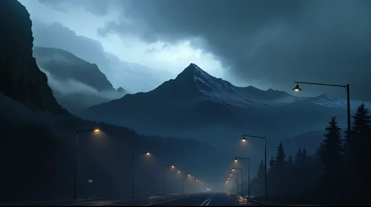there is a dark picture of a mountain with a street light, gloomy weather. hyperrealistic, 4k hd matte digital painting, moody environment, dramatic lighting. concept art, moody night time scene, atmospheric. digital painting, detailed atmospheric and grit...