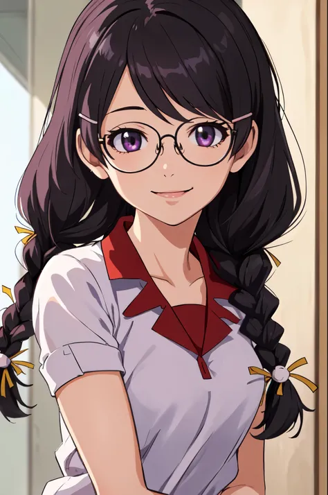 (best quality, masterpiece, RAW photo,ultra-detailed:1.2), 1girl,solo,looking at viewer,smile hanekawa tsubasa, long hair, black hair, hair ornament, (purple eyes:1.1), braid, hairclip, twin braids, glasses,