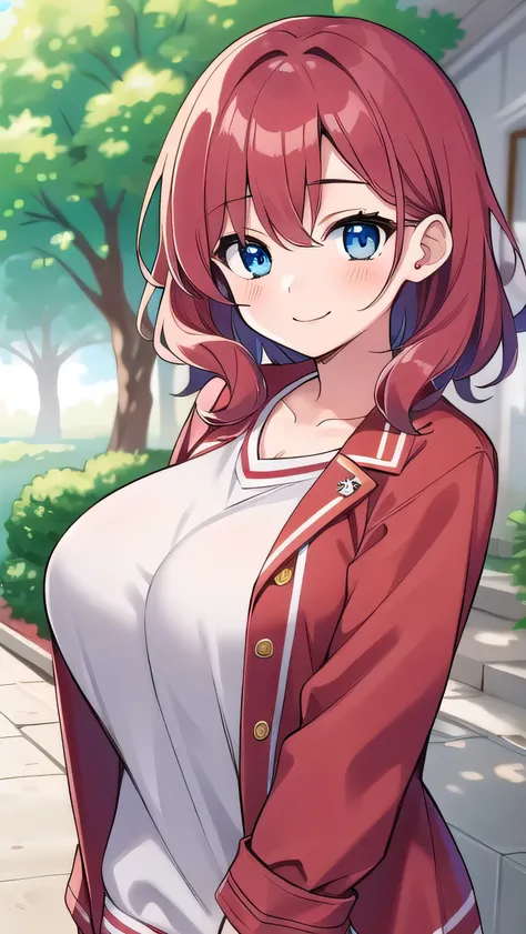 Big breasts, red hair, blue eyes, droopy eyes, red jacket, (super big breasts:1.1), (medium hair: 1.1), baggy clothes, elementary school student, young face, short height, ,, shy , smiling a little, straight hair，, cute clothes, 