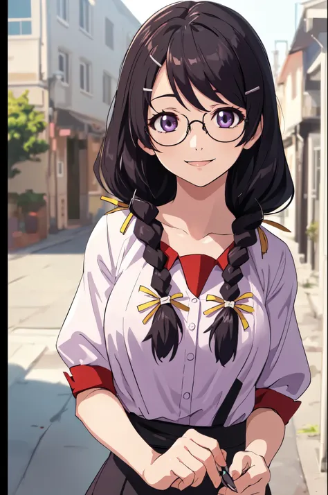(best quality, masterpiece, RAW photo,ultra-detailed:1.2), 1girl,solo,looking at viewer,smile hanekawa tsubasa, long hair, black hair, hair ornament, (purple eyes:1.1), braid, hairclip, twin braids, glasses,