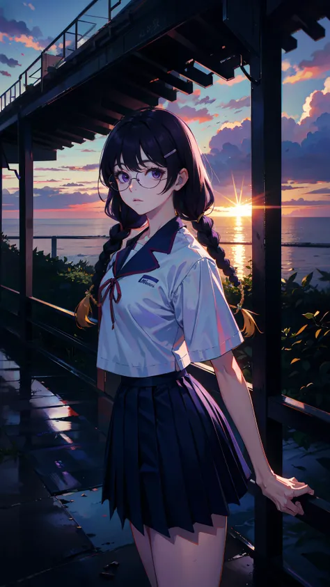 hanekawa tsubasa, long hair, black hair, hair ornament, (purple eyes:1.1), braid, hairclip, twin braids, glasses, hires, absurdres, masterpiece, sunset, interesting composition, purple color scheme, skirt, school uniform, naoetsu high school uniform