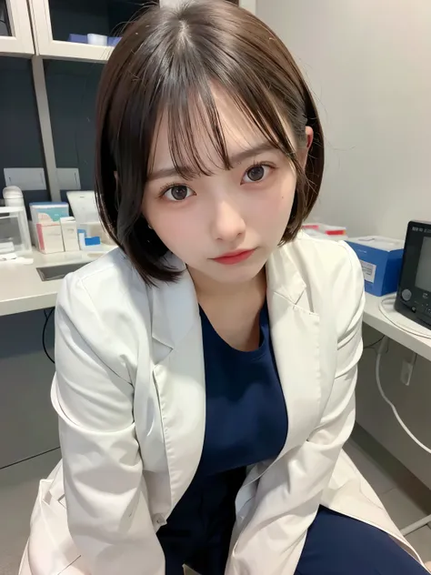 Kneeling and crouching down, (((Close-up of face))), overhead shot, ((Top Quality, 8k, Masterpiece: 1.3)), ((1 girl)), woman, (Huge Breasts:1.2), ((White lab coat)), ((paired with navy blue pants)), holding a clipboard, Posing like a model, gold earring, (...