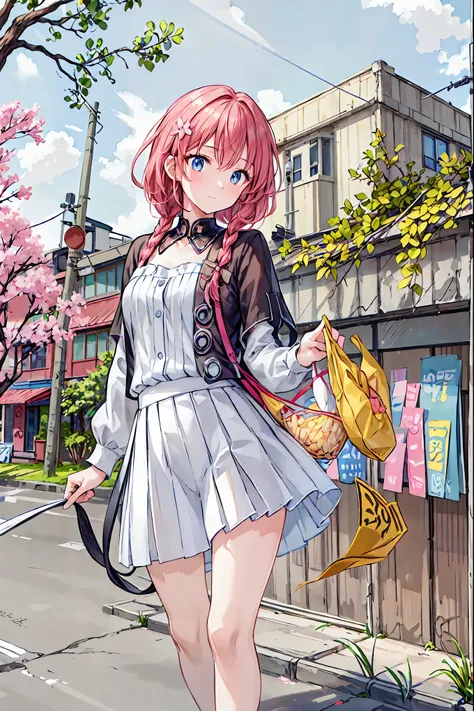 masterpiece, Best Quality, Super detailed, Illustration, Wide angle, A girl is standing in the middle of the road, Alone, The road in the middle and pink cherry blossom trees on the roadside, whole body, 20th Generation, Pink Hair, sweater, Short skirt, fa...