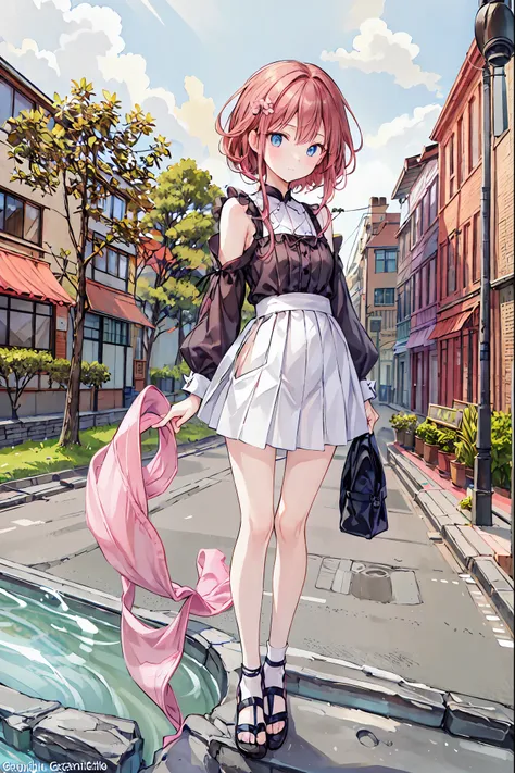 masterpiece, Best Quality, Super detailed, Illustration, Wide angle, A girl is standing in the middle of the road, Alone, The road in the middle and pink cherry blossom trees on the roadside, whole body, 20th Generation, Pink Hair, sweater, Short skirt, fa...