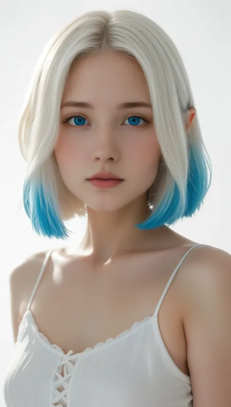 (((white background:1.3)))、Albino Girl、Super cute、Cute expression、(((1 girl))), ,(((Eyes are white:1.3)))、Pointy Ears、Short ears、Elf Ears、White camisole dress、((White shirt:1.3、White Block Dress)), Tyndall effect, Realistic, Shadow Studio,Ultramarine Light...