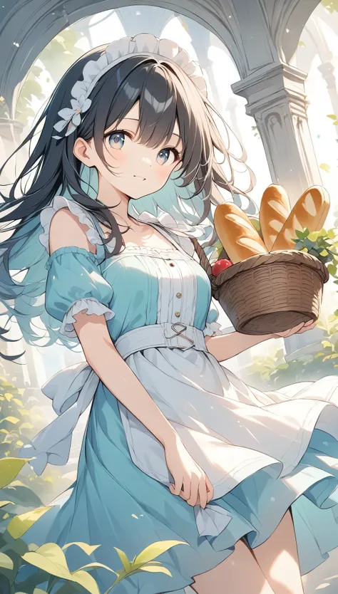 The pale line art and pale colors create a dreamy and ephemeral impression.,Black Hair、Semi-long、Light effects、Medieval town girl、White apron to wear around the waist、Holding a basket of bread