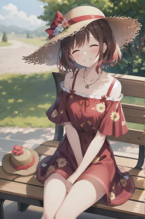 (masterpiece:1.2), best quality, 
1 girl, solo, [tiny:medium:0.7] breasts, madder red hair, (short hair), (wavy hair ends), smile, sitting, hat, shoulder cutout, closed eyes, blush, bench, grin, outdoors, jewelry, clothing cutout, head_tilt, bangs, necklac...