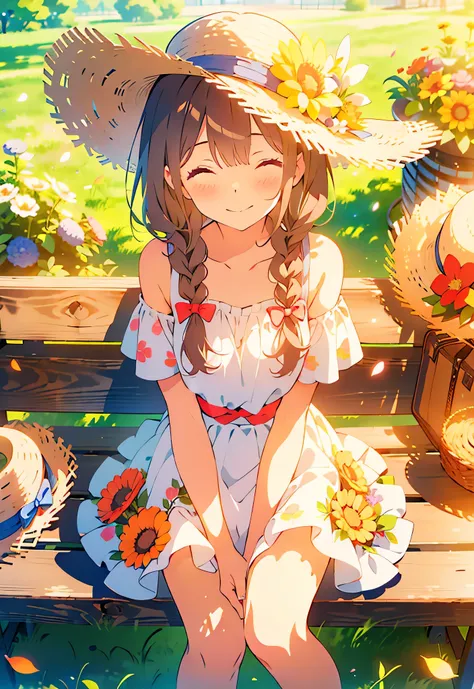 masterpiece, best quality, looking at viewer,
1girl, solo, smile, sitting, hat, shoulder cutout, braid, dress, brown hair, (closed eyes:1.1), twin braids, blush, long hair, bench, grin, grass, white dress, jewelry, clothing cutout, bangs, necklace, floral ...