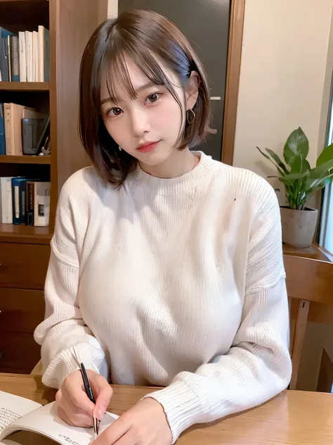 ((Top Quality, 8k, Masterpiece: 1.3)), ((1 girl)), woman, (Huge Breasts:1.2), ((Light pink knit top)), ((paired with white casual pants)), sitting at a table with books and papers, Posing like a model, gold earring, (Women in Japan:1.05), ((short bob hair)...