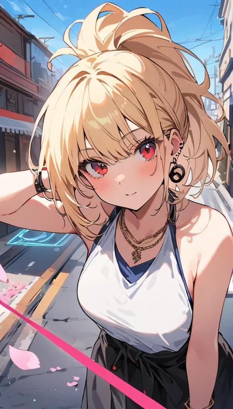 masterpiece, best quality, whole body, A girl, Long blond hair，blue eyes, black necklace, blush, bracelet, Chest, necklace, clothes surrounding area waist, clavicle, Cowboy shooting, ear Earrings, Eyebrows visible through hair, fix, Jewelry, someone, Long ...