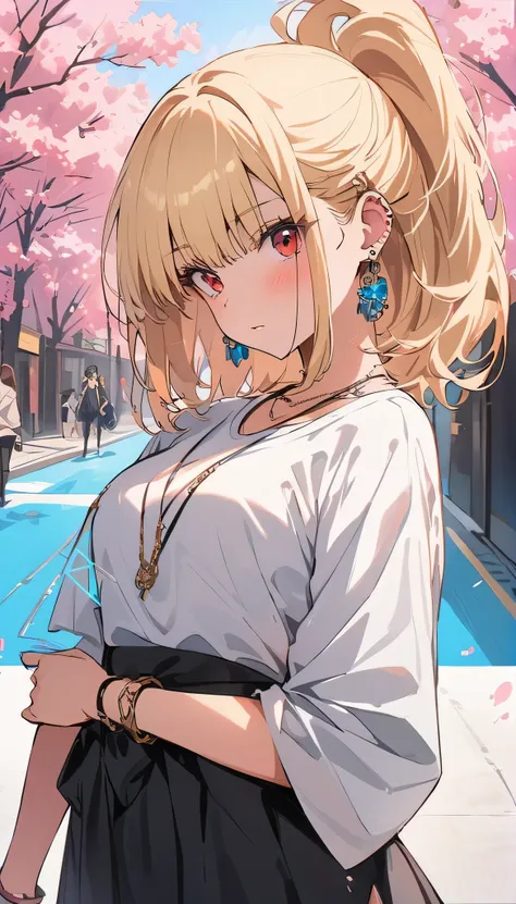 masterpiece, best quality, whole body, A girl, Long blond hair，blue eyes, black necklace, blush, bracelet, Chest, necklace, clothes surrounding area waist, clavicle, Cowboy shooting, ear Earrings, Eyebrows visible through hair, fix, Jewelry, someone, Long ...