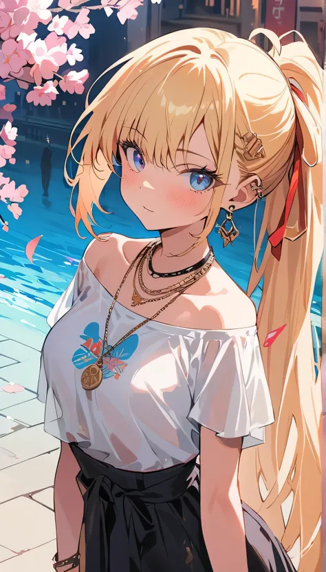 masterpiece, best quality, whole body, A girl, Long blond hair,blue eyes, black necklace, blush, bracelet, Chest, necklace, clothes surrounding area waist, clavicle, Cowboy shooting, ear Earrings, Eyebrows visible through hair, fix, Jewelry, someone, Long ...