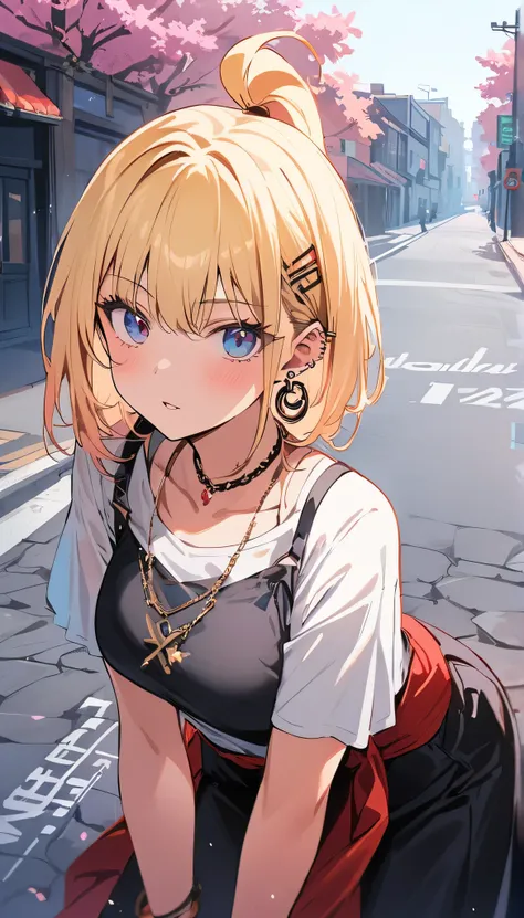 masterpiece, best quality, whole body, A girl, Long blond hair，blue eyes, black necklace, blush, bracelet, Chest, necklace, clothes surrounding area waist, clavicle, Cowboy shooting, ear Earrings, Eyebrows visible through hair, fix, Jewelry, someone, Long ...