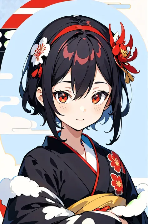 (finely best quality illustration:1.2), (kawaii girl:1.0), (1girl, solo:1.0), (black hair, black short hair:1.0), (red kimono, tsubaki pattern:1.0), (smile:0.6), (upper body:1.0), (ultra-detailed, highres:1.0),