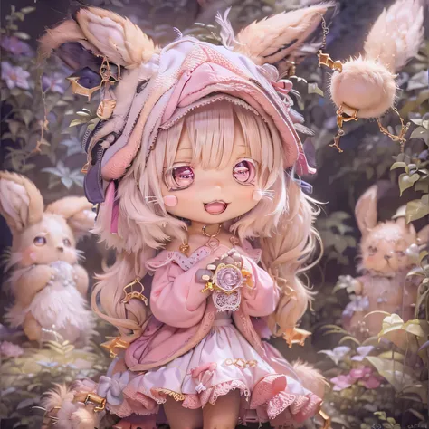 in the garden, smile, similar to nanachi from made in abyss. she is beautiful, beautiful eyes and lips.  (((chibi style,))) . th...