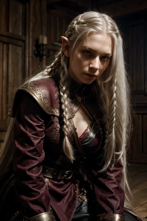 refined, tired woman with long white hair in one braid, small pointed ears, pale skin, dark burgundy outfit, lots of belts and fasteners,, fantasy art, character art close up, detailed character art, full length, on my knees