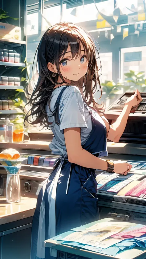 young woman,Facing forward,smile,((Standing inside the cash register)),Touching the cash register machine,Customer Service,((There is a cash register on the table)),(Scanning product barcodes at the cash register)),Supermarket clerk,Wearing an apron,((Work...