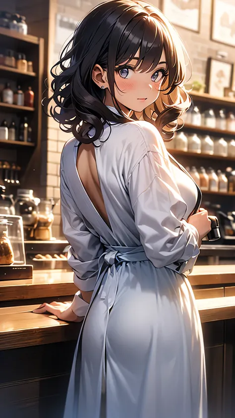 (masterpiece, best quality), Black Girl, Curly hair, Barista , eye contact,back pose