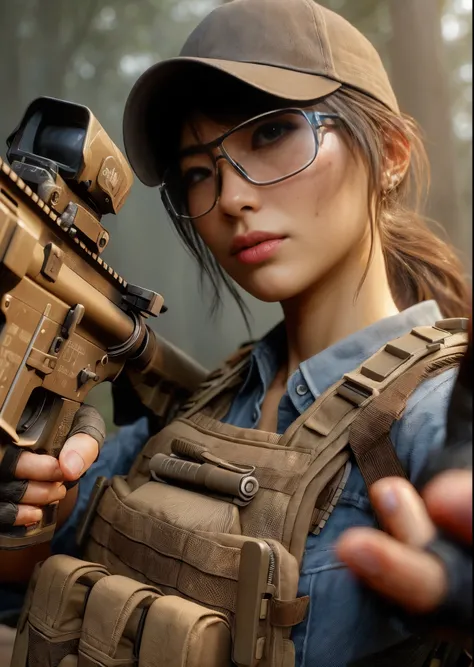 8k, Photorealistic、Realistic skin texture、Pore expression、Japanese women living in America、Troop Commander、SIG SAUER khaki XM7 assault rifle、civilian soldiers、Age 30、Veteran presence、Private Server、Baseball Cap、goggles、Is giving instructions、Gestures、gestu...