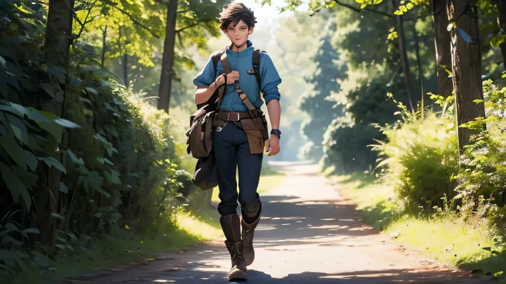 Teenager boy , full body, stands upright, is standing with his boots on the path,  A villager, Full-length, Hair short and Shaggy, looking careless, Light skin, Blue eyes, Hands on his belt, Fast, Letter carrier ,cheerful, mischievous, detailed facial feat...