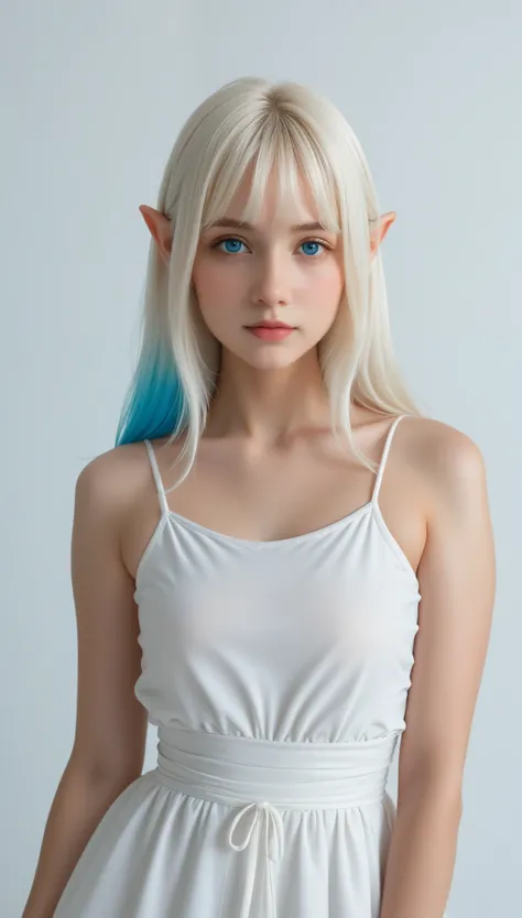 (((white background:1.3)))、Albino Girl、Super cute、Cute expression、(((1 girl))), ,(((Eyes are white:1.3)))、Pointy Ears、Short ears、Elf Ears、White camisole dress、((White shirt:1.3、White Block Dress)), Tyndall effect, Realistic, Shadow Studio,Ultramarine Light...