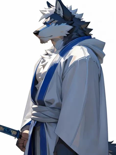 male， Muscular，Wolf，The only，Wearing light blue and white robe，Stern expression，Sword at waist，Pure white background（Standing picture），Big Muscle，Standing sideways，high quality，Highly detailed，8K，All White，Light blue pupils，White hair