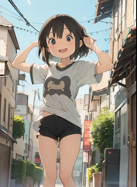 Two cute girls、5 heads、Black short hair、White T-shirt、Black eyes、Black tight shorts、Smiling face、Full body standing pose、With arms outstretched