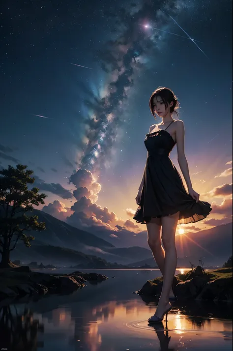 1 girl, Very detailedな目と顔, Beautiful lip detail, Long eyelashes, Slender body, Cute Dress, Beautiful night sky, Meteor Shower, Beyond the Clouds, Surrounded by water, reflection, Wide angle, Breathtakingly beautiful clouds, by Makoto Shinkai, Thomas Kinkad...