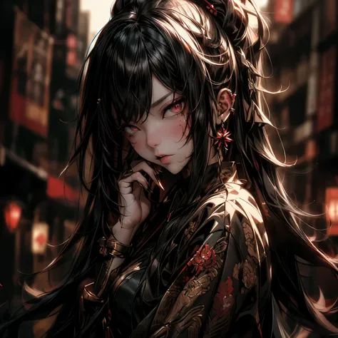 ((best quality)), ((Masterpiece)), ((Enrich the picture，Masterpiece level quality)), ultra background details, an image of a beautiful cyberpunk woman, mature woman, fierce woman, cyberpunk theme, cyberpunk soul reaper woman, hips up, fantasy, ((black hair...