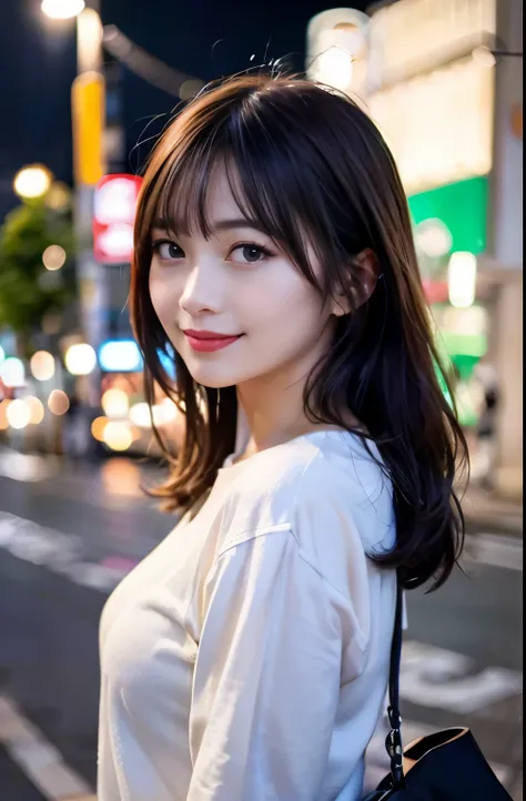 1girl, Tokyo street,night, cityscape,city lights,upper body,close-up,smile,, (8k, RAW photo, best quality, masterpiece:1.2),(realistic, photo-realistic:1.37),