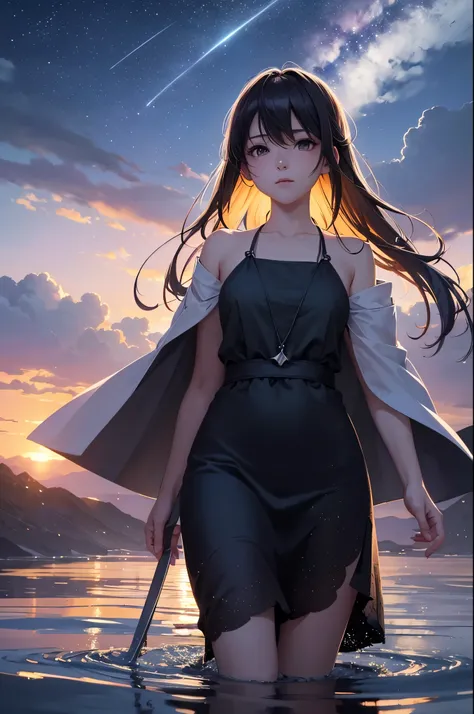 1 girl, Very detailedな目と顔, Beautiful lip detail, Long eyelashes, Slender body, Cute Dress, Beautiful night sky, Meteor Shower, Beyond the Clouds, Surrounded by water, reflection, Wide angle, Breathtakingly beautiful clouds, by Makoto Shinkai, Thomas Kinkad...