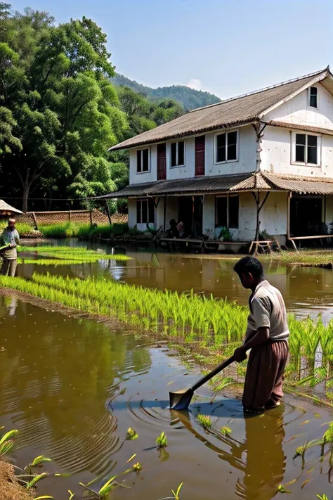 This image shows a traditional farming scene in a indian rural area. Two men are working in a rice paddy, one using a plow and the other a shovel. The house in the background is painted in bright colors.